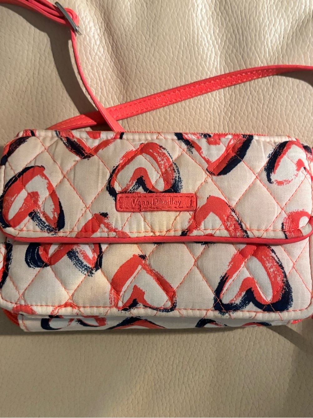 Vera Bradley Coral and a Navy Heart Quilted Crossbody